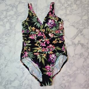 Aqua Green Floral Swimsuit Tummy Control Full Coverage One-Piece Size 8